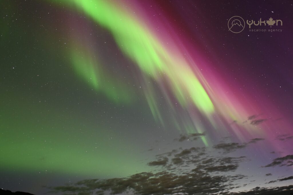 luces verdes y rosadas, conocidas como auroras boreales en cielo seminublado